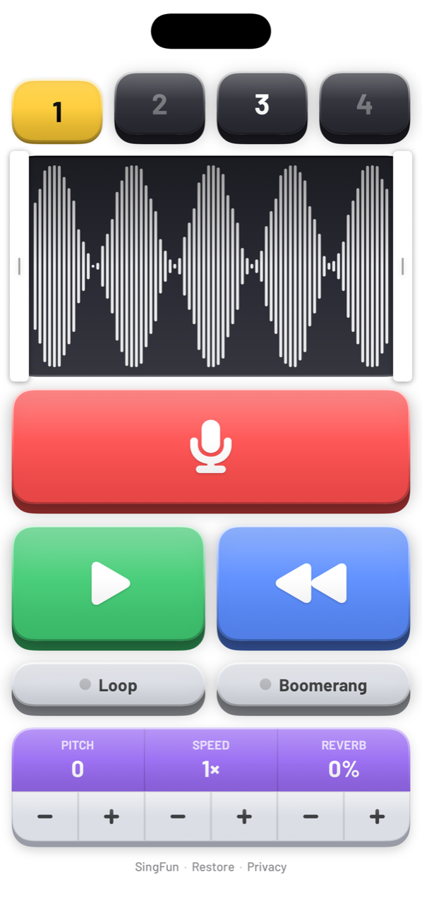 SingFun main screen: four slots, waveform, Record, Play and Reverse keys