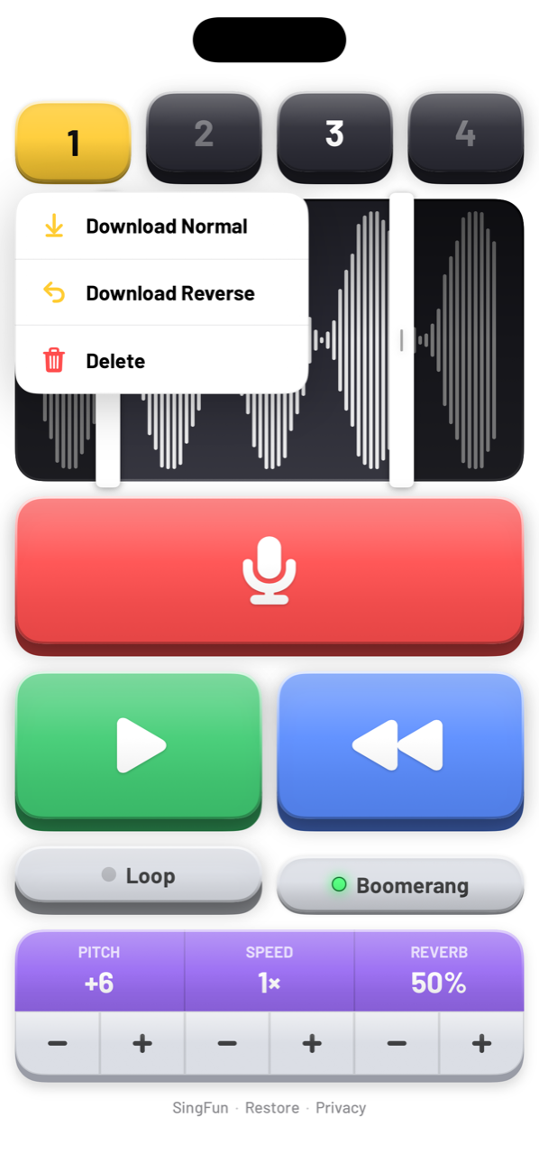 Slot menu with Download Normal, Download Reverse and Delete